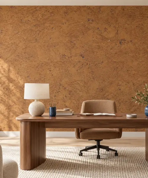 Autumn Ripple - 5/16" (8mm) - Cork Glue Down Tile (GAR8) Autumn Ripple cork wall installed in a furnished interior, product scale visualization (PF3323WME-8.0)