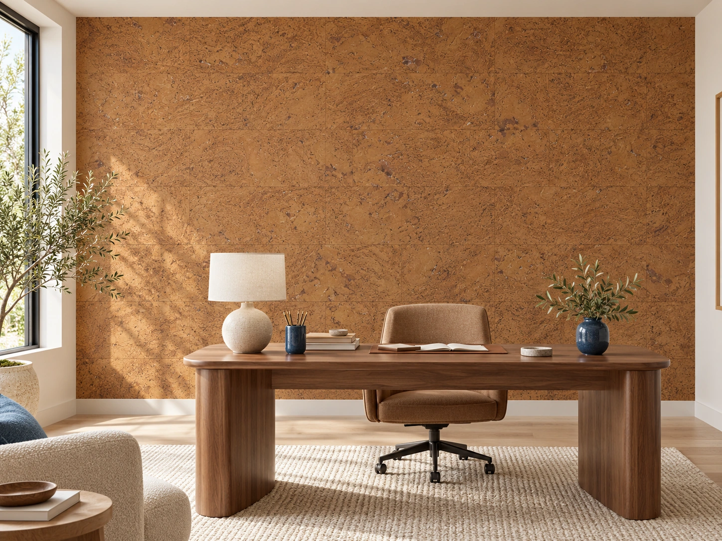 Autumn Ripple - 5/16" (8mm) - Cork Glue Down Tile (GAR8) Autumn Ripple cork wall installed in a furnished interior, product scale visualization (PF3323WME-8.0)