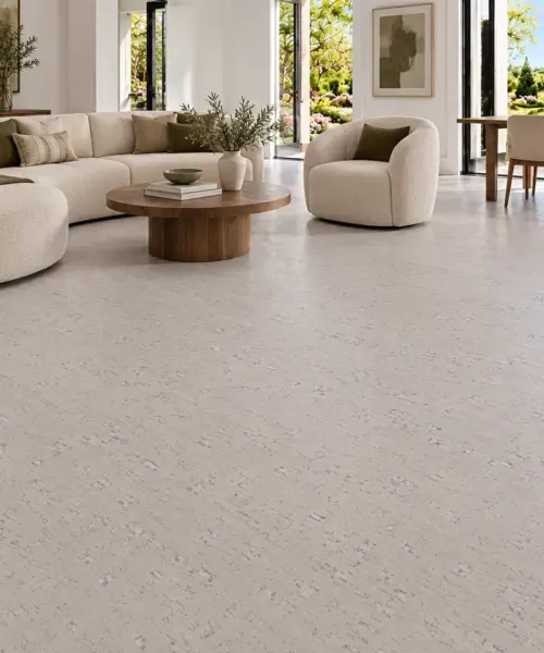 Bleached Birch installed flooring in a furnished daylight interior; accurate product scale visualization (PF3378VCC-6.0)