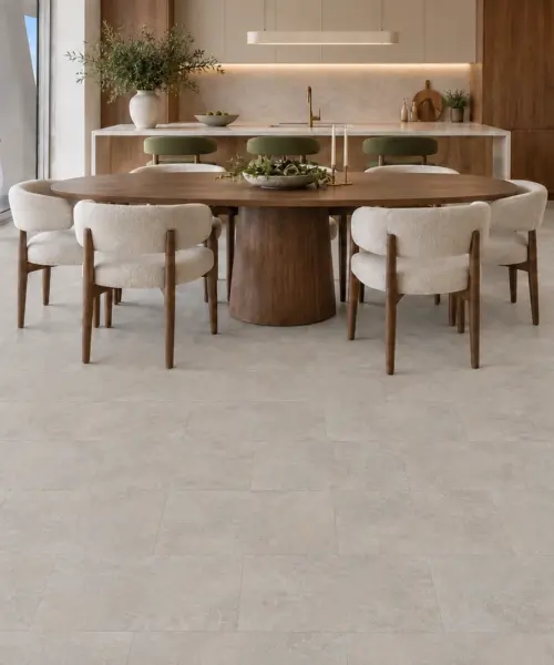 Page Not Found Bris Stone installed flooring in a furnished daylight interior; accurate product scale visualization (FBsSt11)