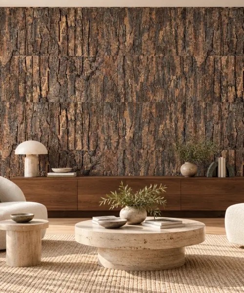Cork Bark cork wall installed in a furnished interior, product scale visualization (WCB25)