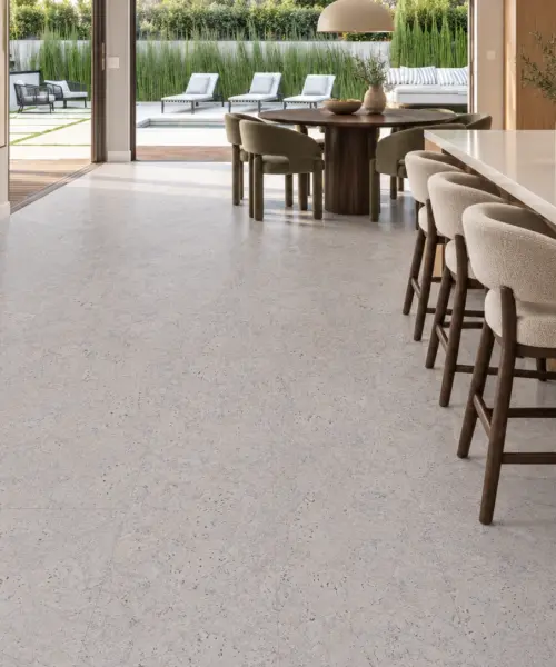 Creme Royale Marble installed flooring in a furnished daylight interior; accurate product scale visualization (CZ3319WWC)