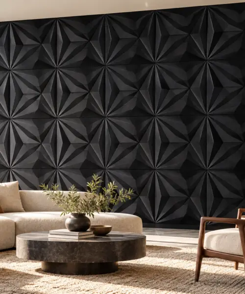 Diamond Black cork wall installed in a furnished interior, product scale visualization (WDiBk30)