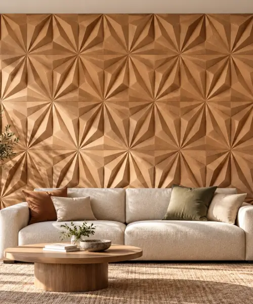 Diamond Natural cork wall installed in a furnished interior, product scale visualization (WDiN30)