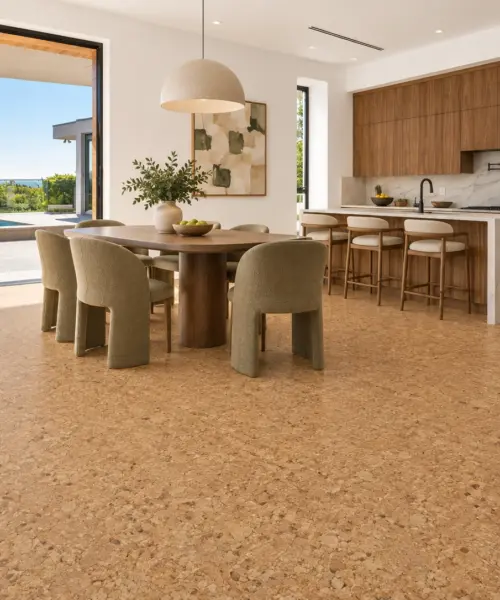 Golden Beach installed flooring in a furnished daylight interior; accurate product scale visualization (CK3390VNN)