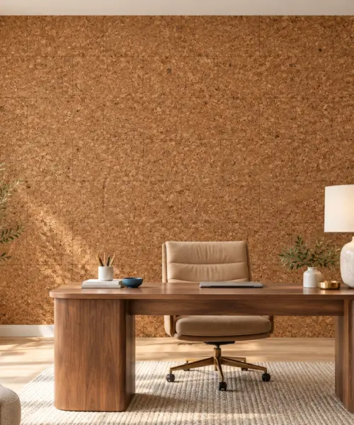 Golden Beach - 1/4" (6mm) - Cork Glue Down Tile (GGo6) Golden Beach cork wall installed in a furnished interior, product scale visualization (PF3390VNN-6.0)