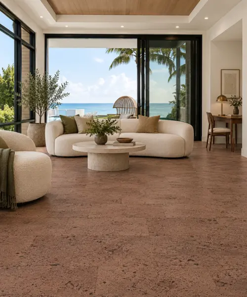 Hazel installed flooring in a furnished daylight interior; accurate product scale visualization (GHaz6)