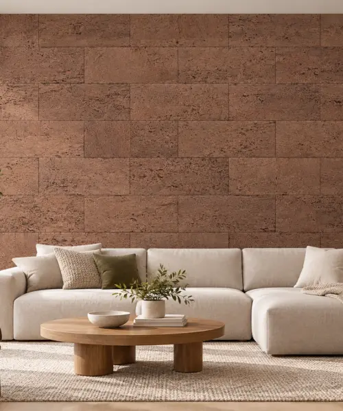 Hazel - 1/4" (6mm) - Swiss Cork Glue Down Tile (GHaz6) Hazel cork wall installed in a furnished interior, product scale visualization (GHaz6)