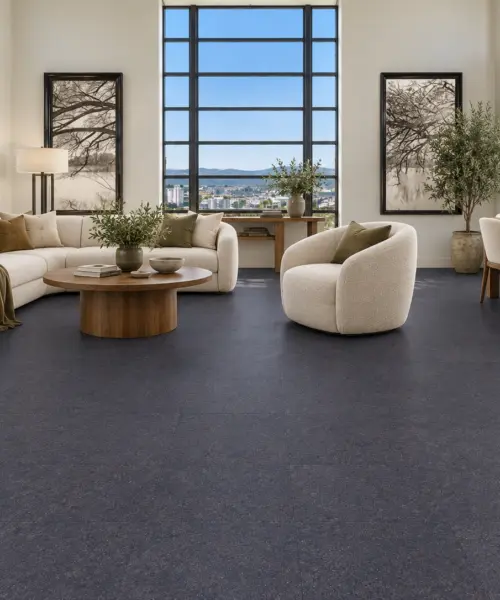 Jet Black installed flooring in a furnished daylight interior; accurate product scale visualization (PF3209VBE-8.0)