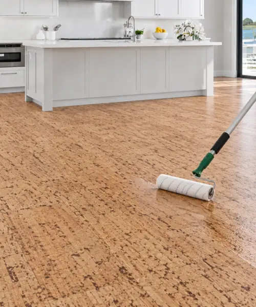 5kg Loba 2K Supra A.T. kit: 4.55kg finish + 0.45kg hardener roller-applied as a clear finish to installed cork flooring in a daylight interior; application visualization