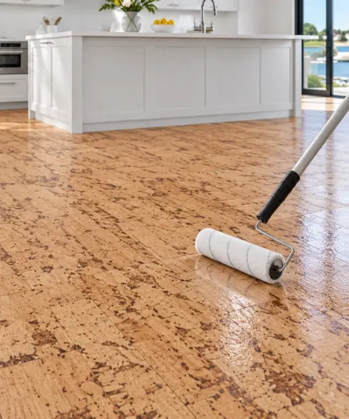 1 litre original Loba 2K Supra A.T. kit with hardener roller-applied as a clear finish to installed cork flooring in a daylight interior; application visualization