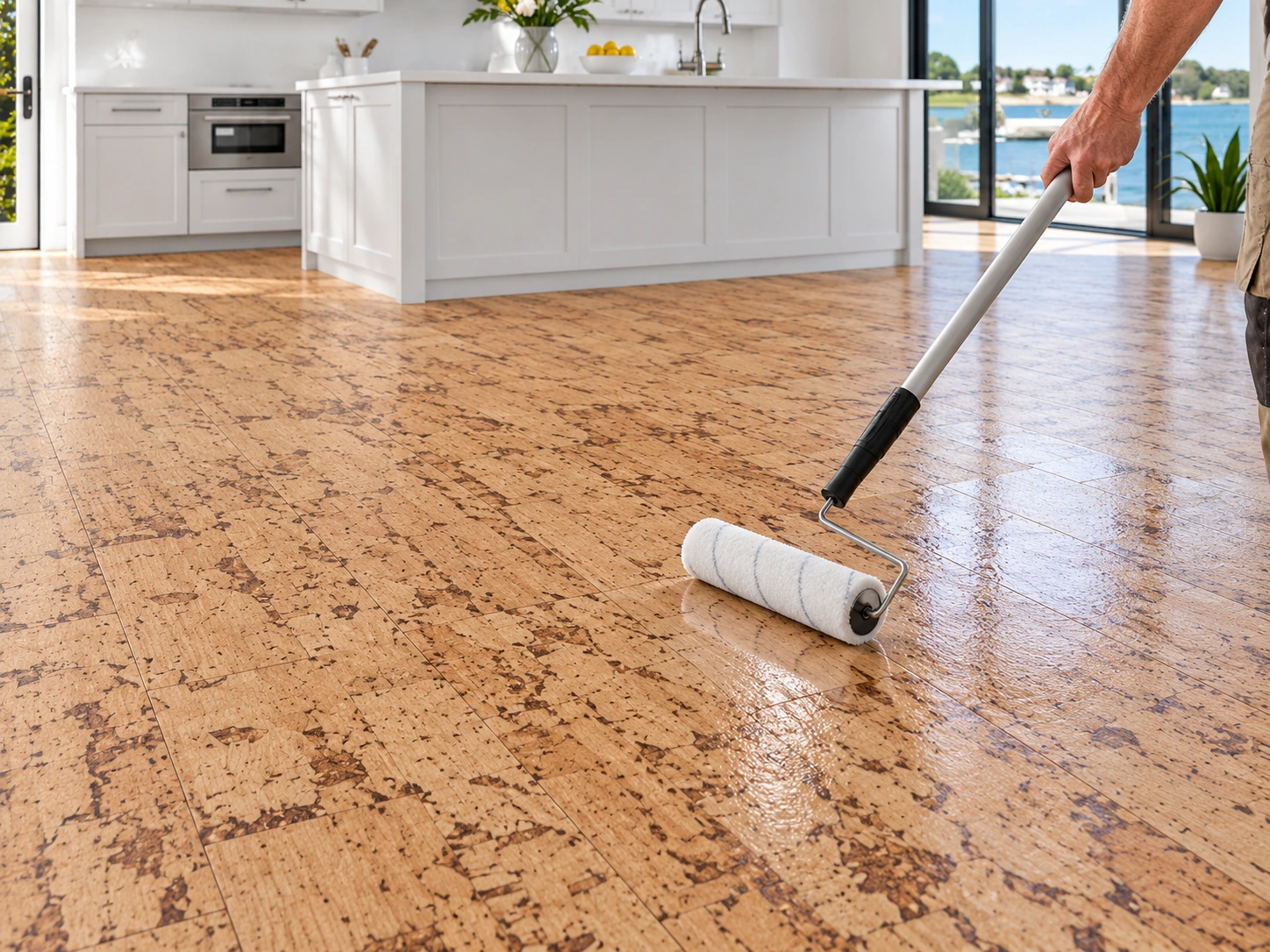 Loba 2K Supra A.T. Litre - Top Layer Water-based Polyurethane (LobaLR) 1 litre original Loba 2K Supra A.T. kit with hardener roller-applied as a clear finish to installed cork flooring in a daylight interior; application visualization