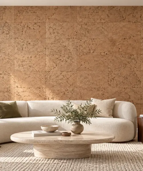 Logan cork wall installed in a furnished interior, product scale visualization (PF3101VNN-6.0)