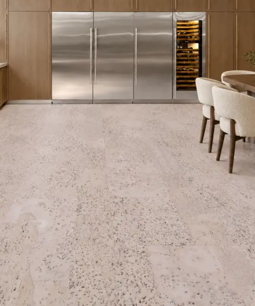 Mystic Vanilla installed flooring in a furnished daylight interior; accurate product scale visualization (FMV11)