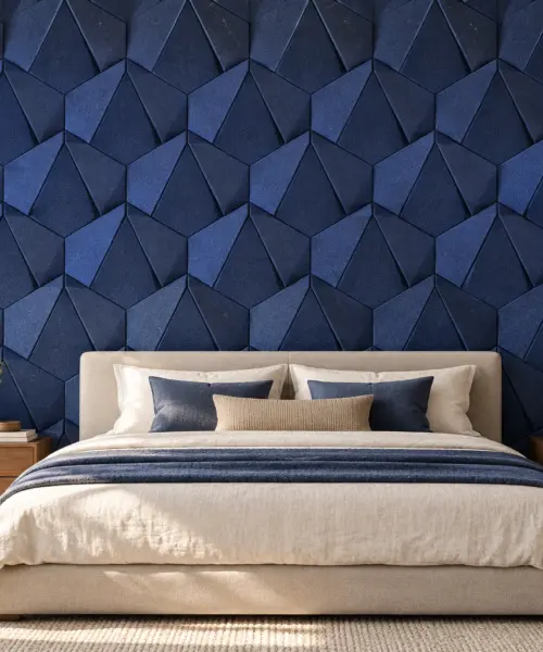 Petal Deep Blue cork wall installed in a furnished interior, product scale visualization (WPBl30)