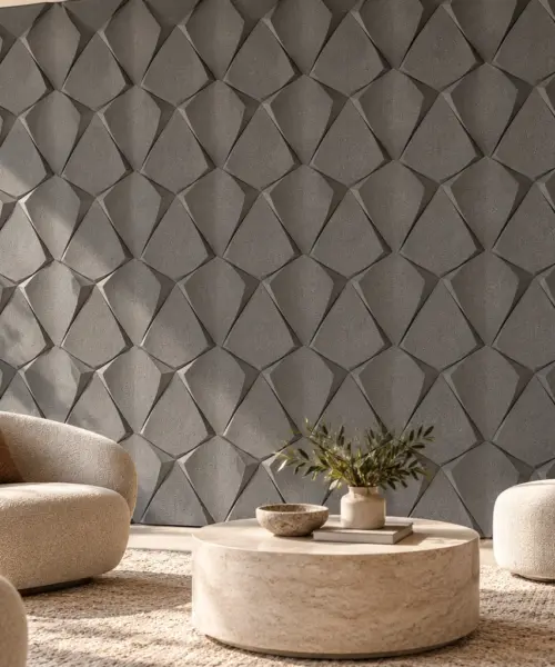 Petal Grey cork wall installed in a furnished interior, product scale visualization (WPG30)