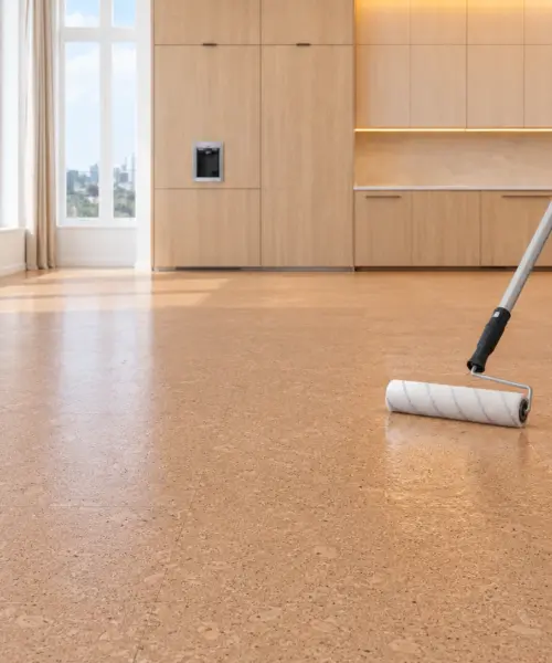 4 litres STEP Kurklak 1K 6450 Mat Transparant roller-applied as a clear finish to installed cork flooring in a daylight interior; application visualization