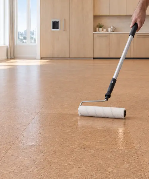 1 litre STEP Kurklak 1K 6450 Mat Transparant roller-applied as a clear finish to installed cork flooring in a daylight interior; application visualization
