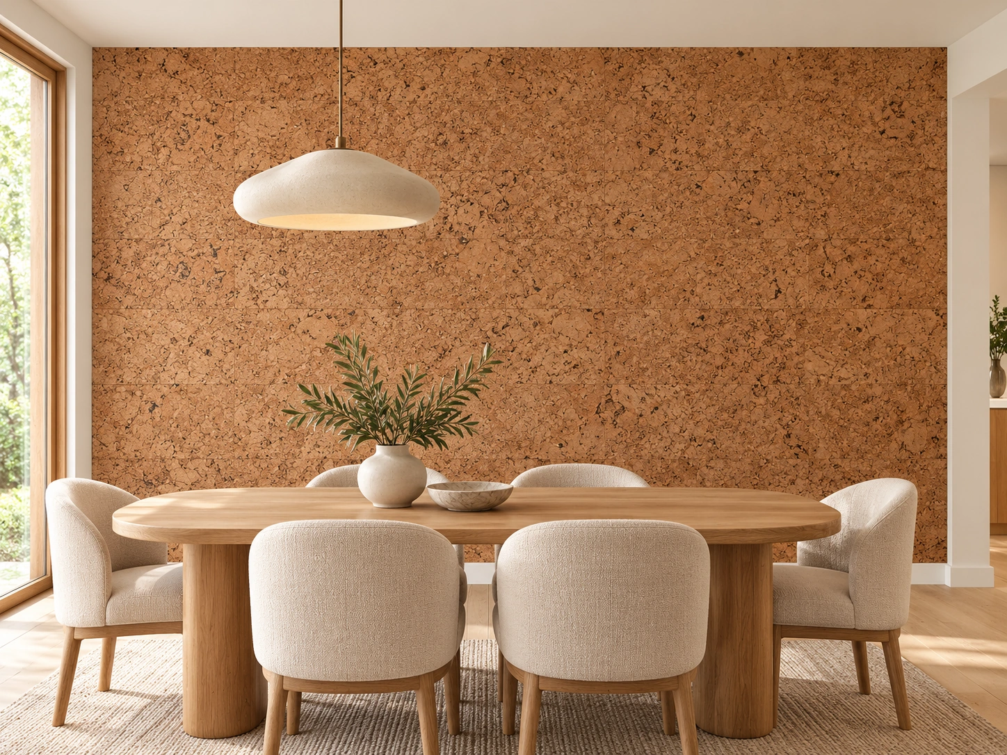 Salami - 5/16" (8mm) - Cork Glue Down Tile (GSal8) Salami cork wall installed in a furnished interior, product scale visualization (PF3344VNN-8.0)