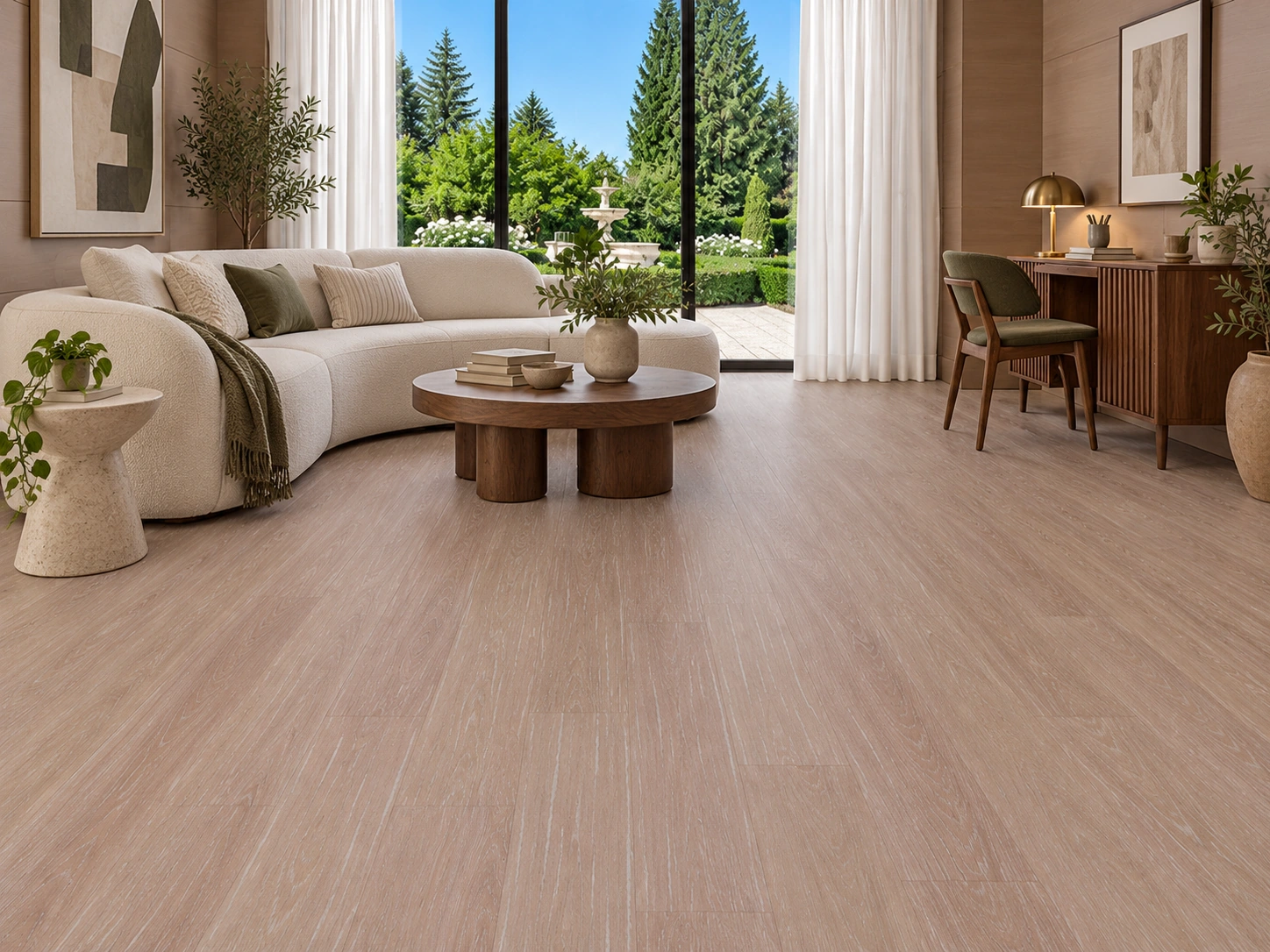 Sandstorm - 7/16" (11mm) - Swiss Design Cork Floating (FSan11) Sandstorm installed flooring in a furnished daylight interior; accurate product scale visualization (FSan11)