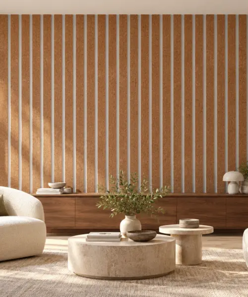 Slatwall White Natural cork wall installed in a furnished interior, product scale visualization (WSwWN17)