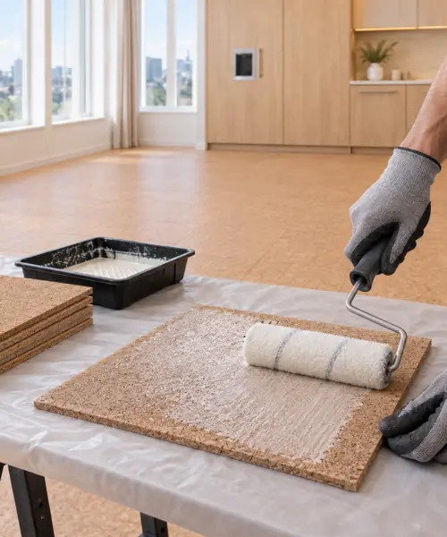 0.8kg original Wakol D3540 pack roller-applied to cork tile backing in a daylight interior; application visualization