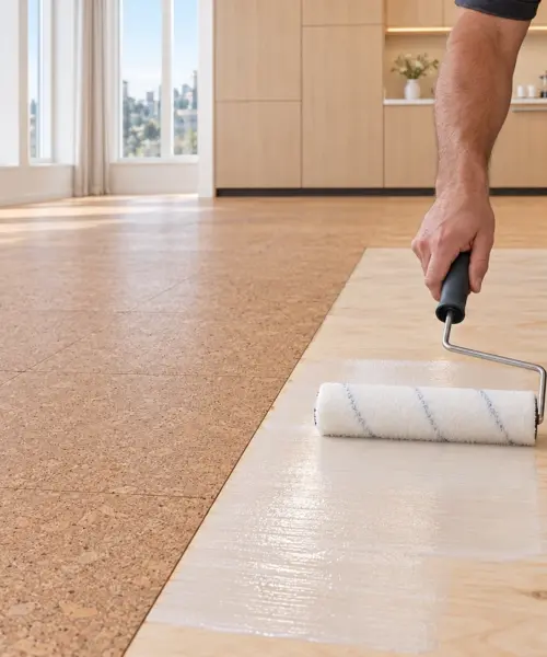 5kg original Wakol D3540 pack roller-applied to a prepared plywood substrate in a daylight interior; application visualization