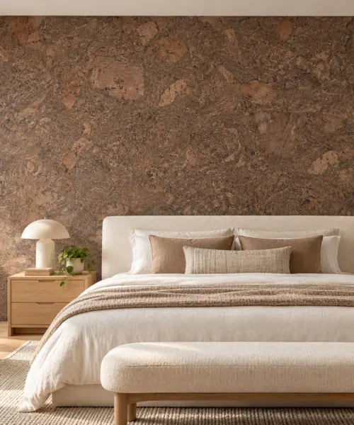 Walnut Burlwood - 5/16" (8mm) - Cork Glue Down Tile (GWBu8) Walnut Burlwood cork wall installed in a furnished interior, product scale visualization (PF3333VPT-8.0)