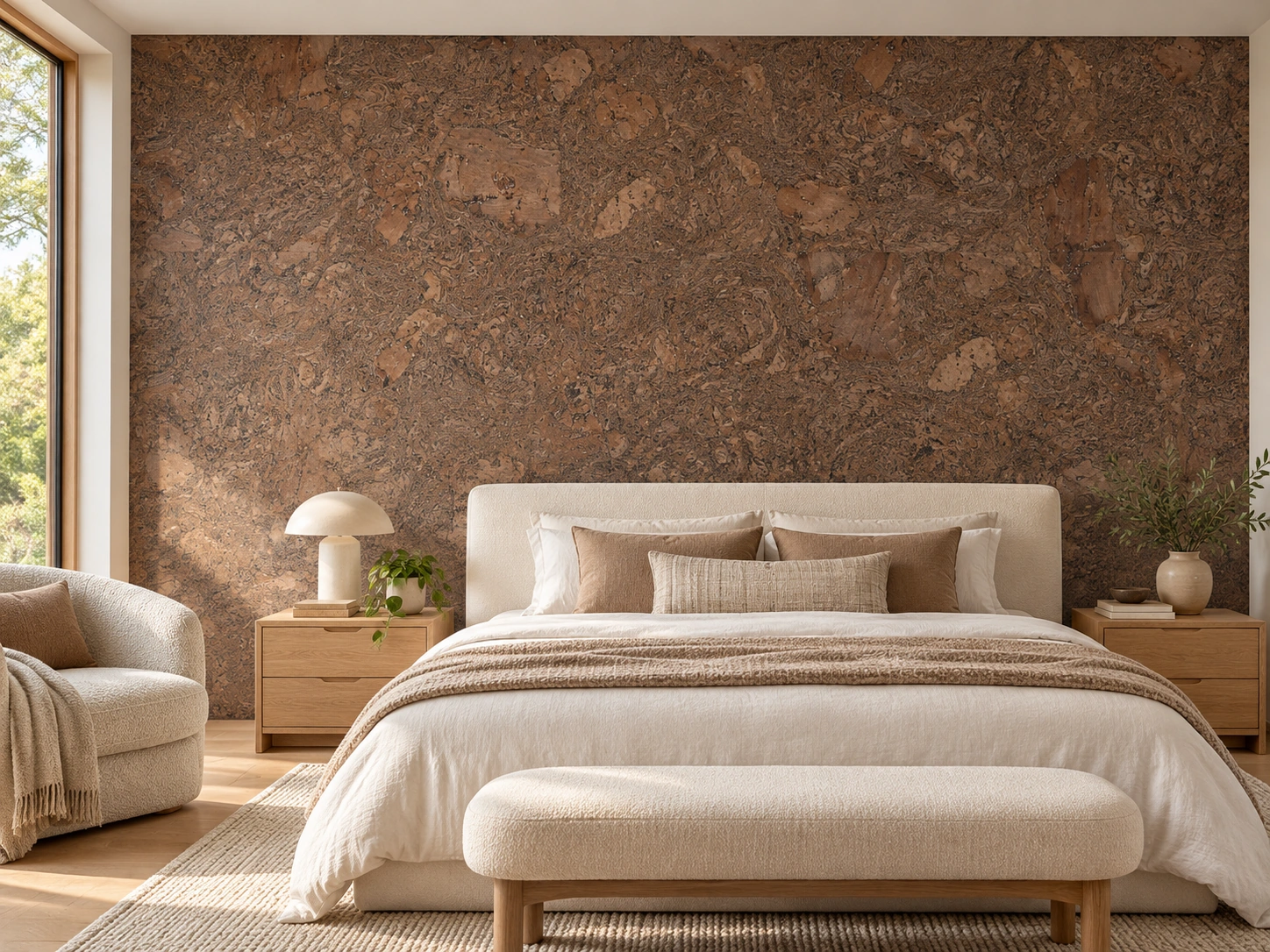 Walnut Burlwood - 5/16" (8mm) - Cork Glue Down Tile (GWBu8) Walnut Burlwood cork wall installed in a furnished interior, product scale visualization (PF3333VPT-8.0)