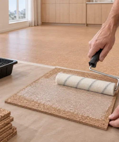 1 US gallon original Wakol D3540 pack roller-applied to cork tile backing in a daylight interior; application visualization