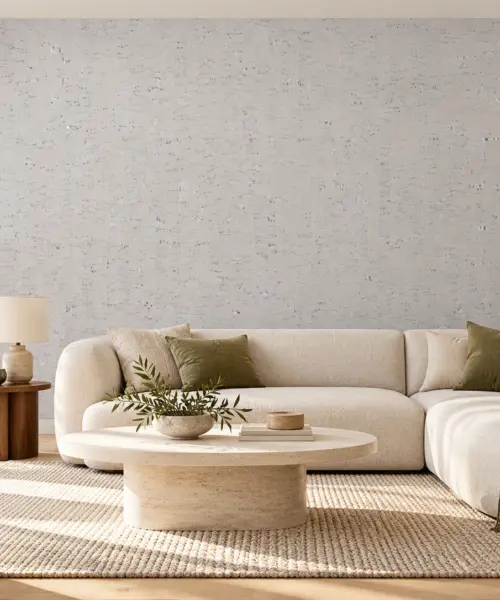 White Bamboo - 1/4" (6mm) - Cork Glue Down Tile (GWB6) White Bamboo cork wall installed in a furnished interior, product scale visualization (PF3378VWN-6.0)