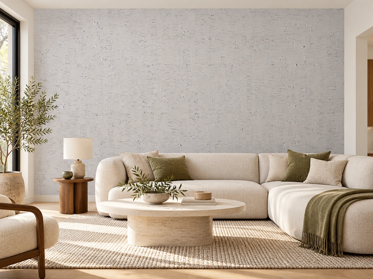White Bamboo - 1/4" (6mm) - Cork Glue Down Tile (GWB6) White Bamboo cork wall installed in a furnished interior, product scale visualization (PF3378VWN-6.0)