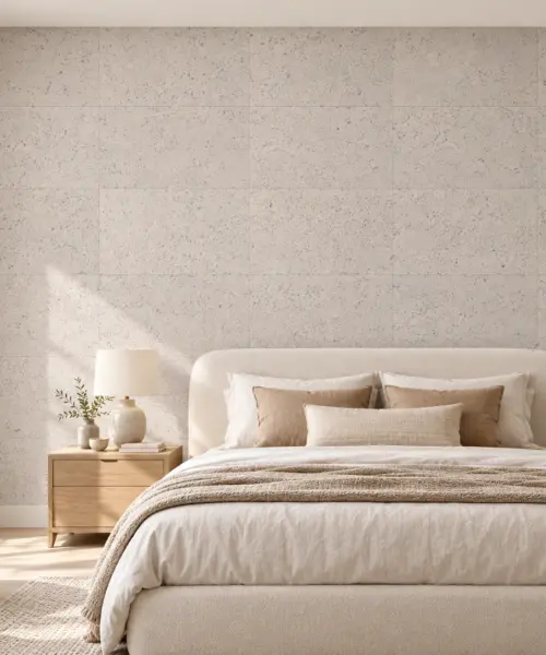 White Leather cork wall installed in a furnished interior, product scale visualization (PF3384VWN-6.0)
