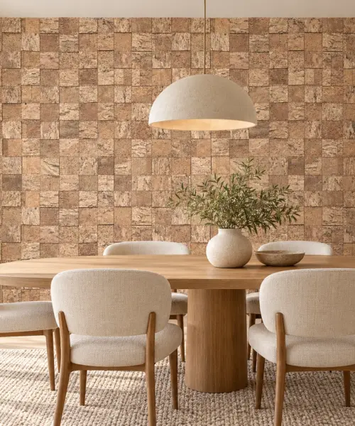 Wood Cubes cork wall installed in a furnished interior, product scale visualization (WWoCu10)