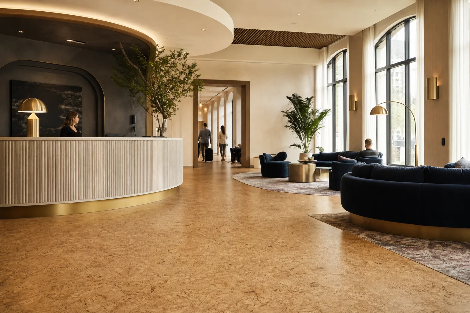 Commercial Cork Flooring Natural cork flooring in a boutique hotel reception and lounge
