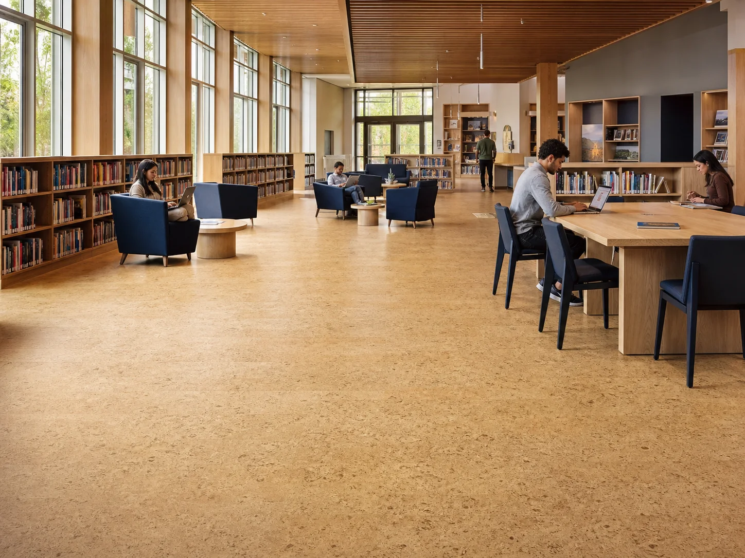 Natural cork flooring in a modern public library and learning space