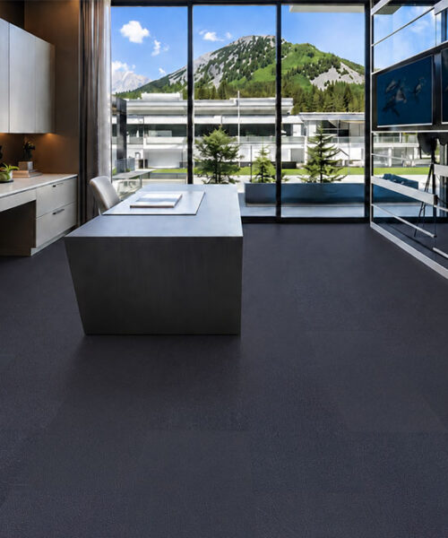Black Buffalo leather flooring across a contemporary kitchen.