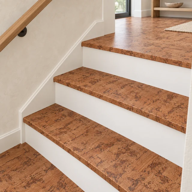 Amber Streak stair nosing — installed view with product profile inset