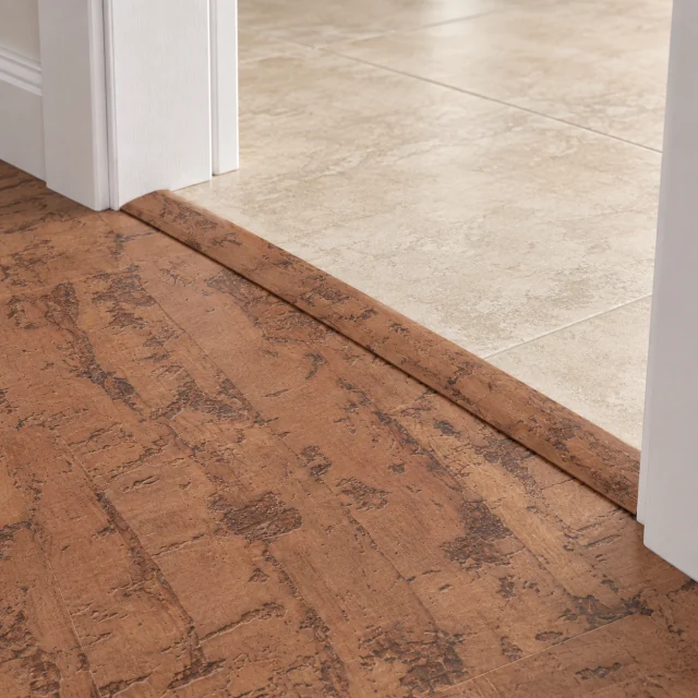 Amber Streak T-molding transition — installed view with product profile inset