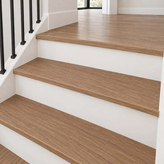 American Red Oak stair nosing — installed view with product profile inset