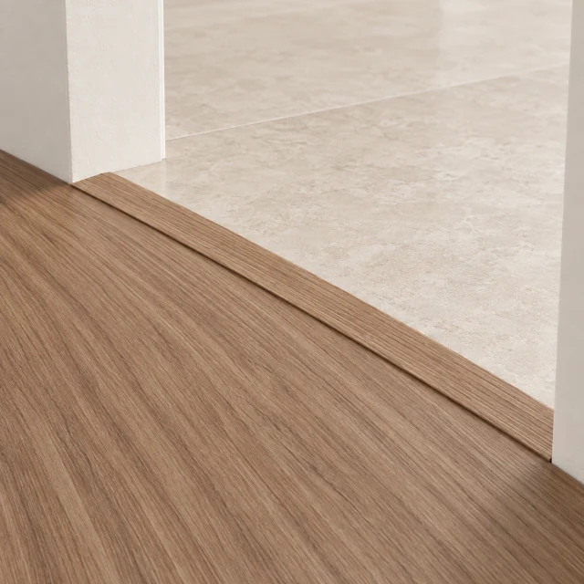 American Red Oak T-molding transition — installed view with product profile inset