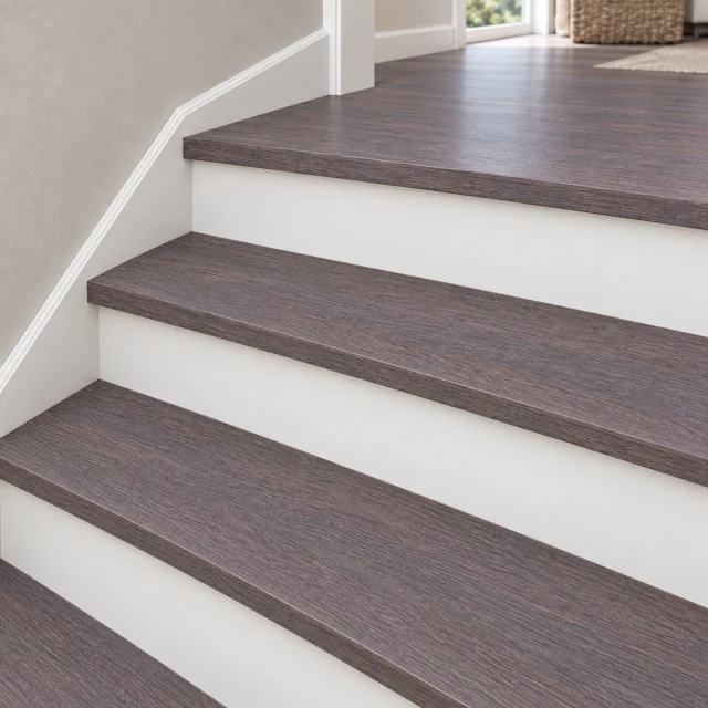 Ashen Chestnut stair nosing — installed view with product profile inset