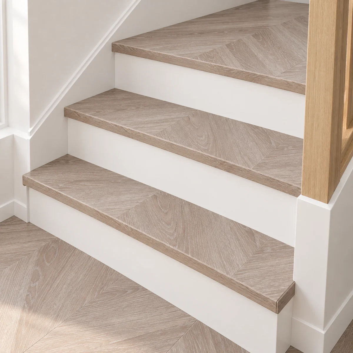 Aurora Chevron stair nosing — installed view with product profile inset