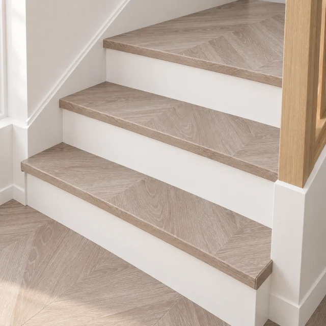 Aurora Chevron stair nosing — installed view with product profile inset