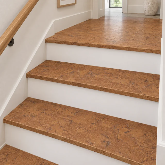 Autumn Ripple stair nosing — installed view with product profile inset