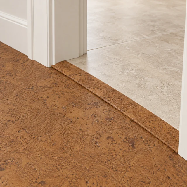 Autumn Ripple T-molding transition — installed view with product profile inset