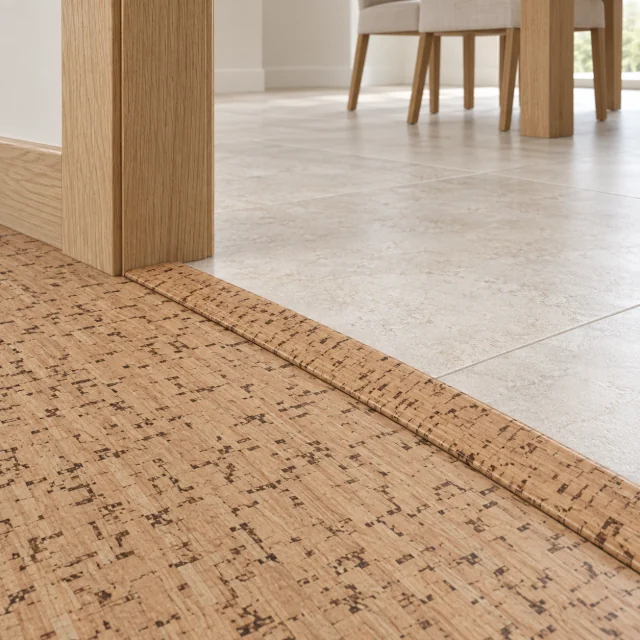 Berber T-molding transition — installed view with product profile inset
