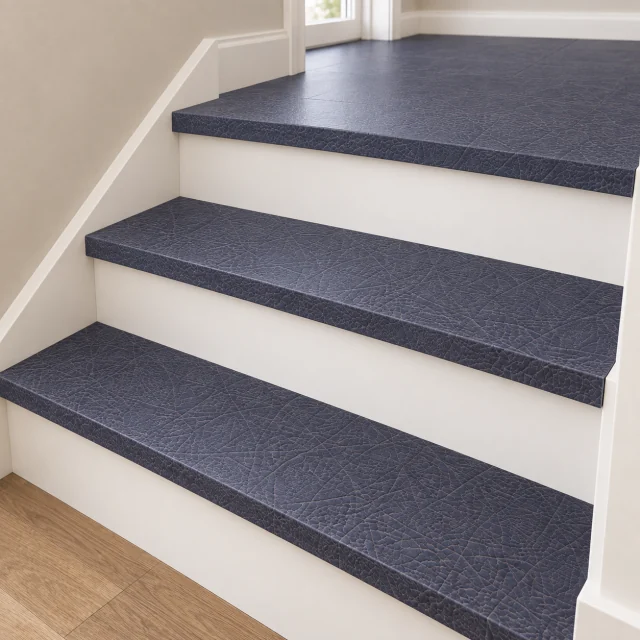 Black Buffalo stair nosing — installed view with product profile inset
