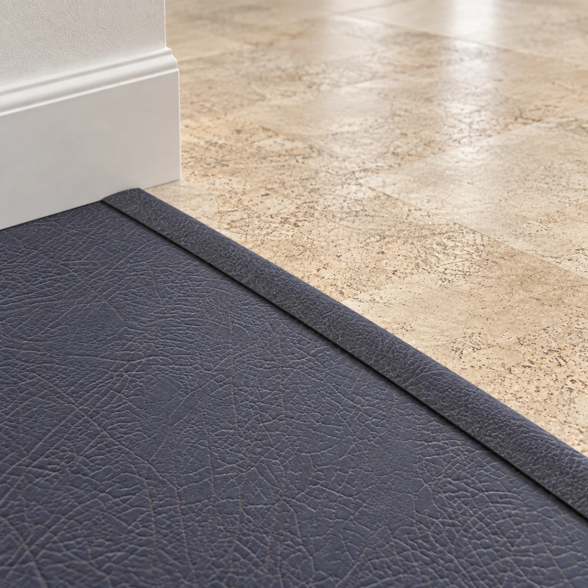 Black Buffalo T-molding transition — installed view with product profile inset