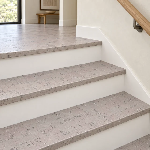 Bleached Birch stair nosing — installed view with product profile inset